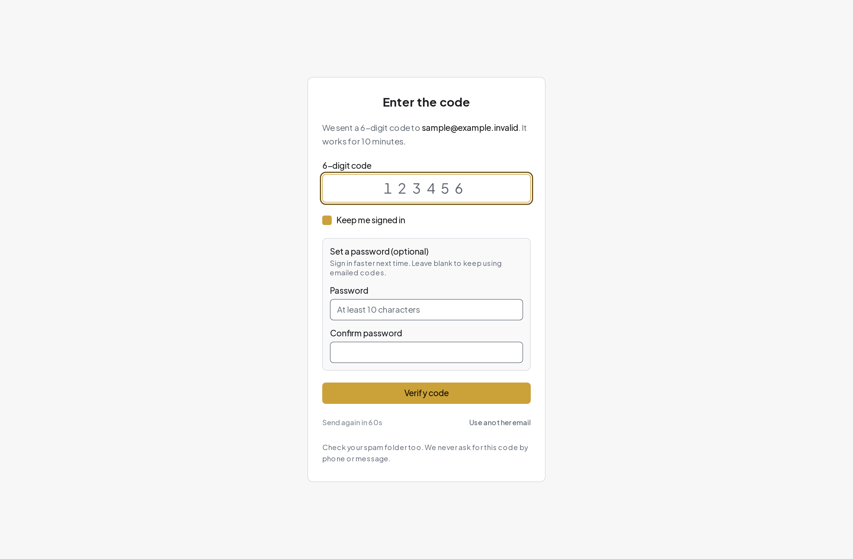 Email verification with a resend countdown. The address is a fictional example.