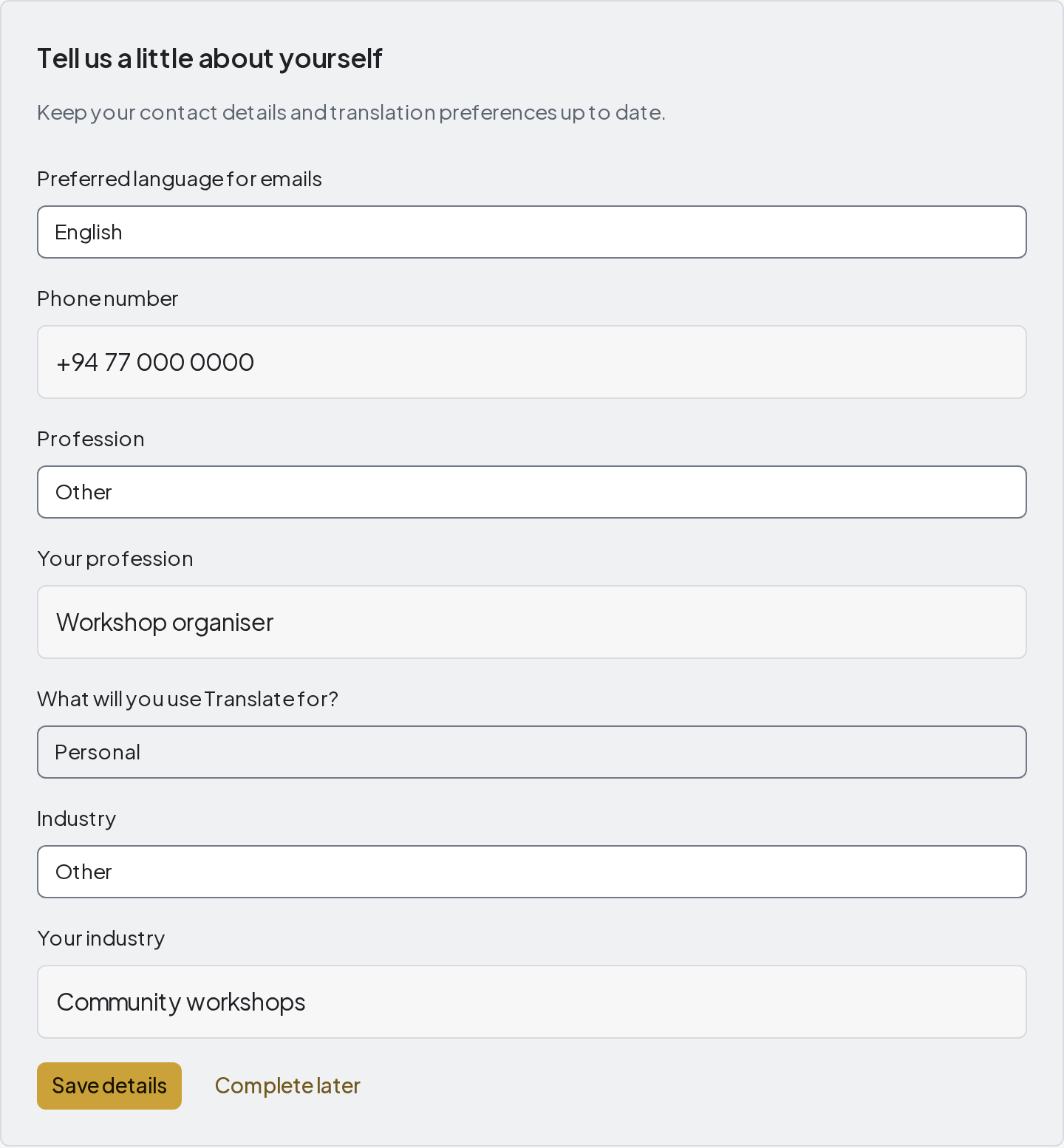 First-sign-in contact and preference form with fictional sample details.