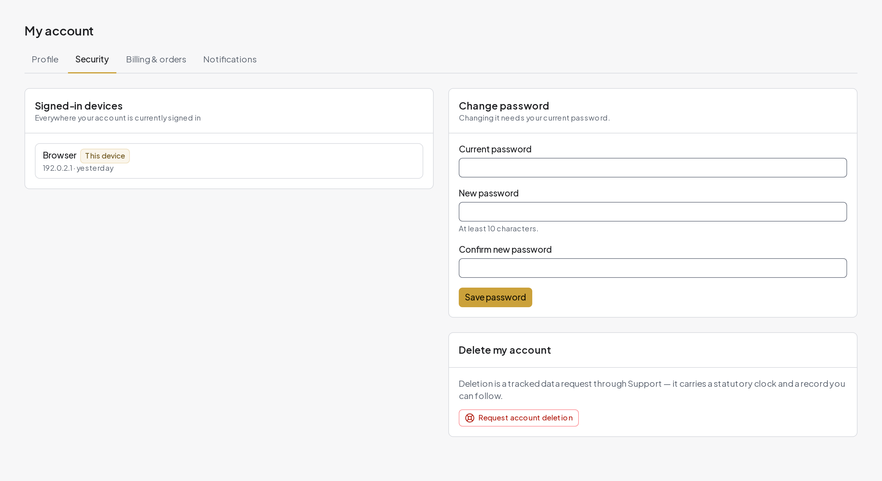 Security shows translation terms, signed-in devices and available password controls using a fictional account.