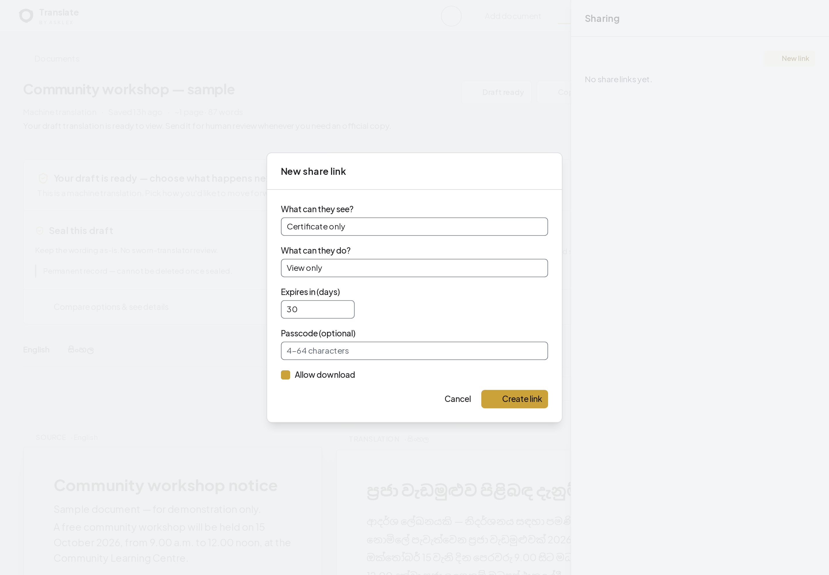 Sharing options for a fictional document. No link or invitation was actually created.